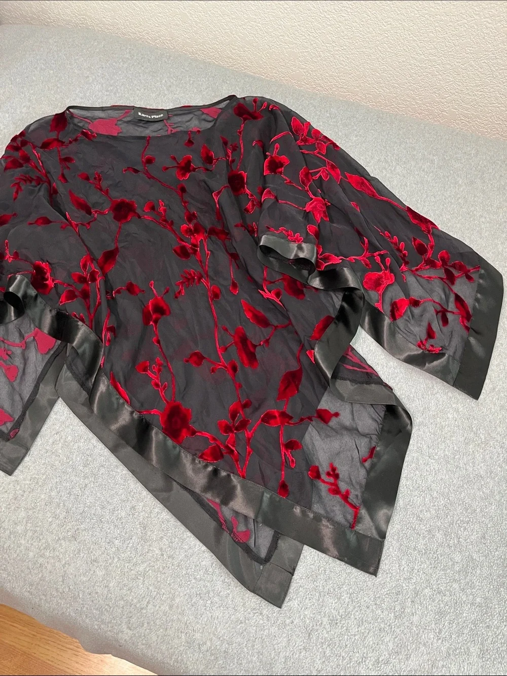 Black Sheer Poncho Coverup Red Velvet Floral Burnout Large Whimsigoth Dark Vamp